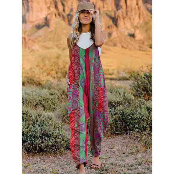 Full Size Printed V-Neck Sleeveless Jumpsuit - Picture 13 of 15